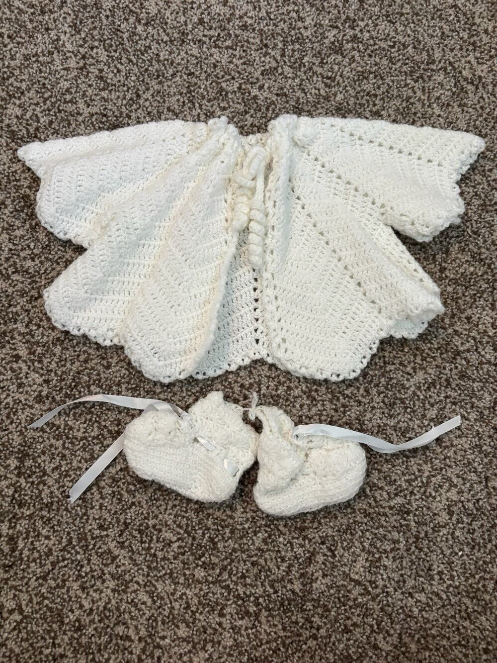 Hand Crocheted White Baby Sweater And Booties Ribbon 0-3 Months Beautiful